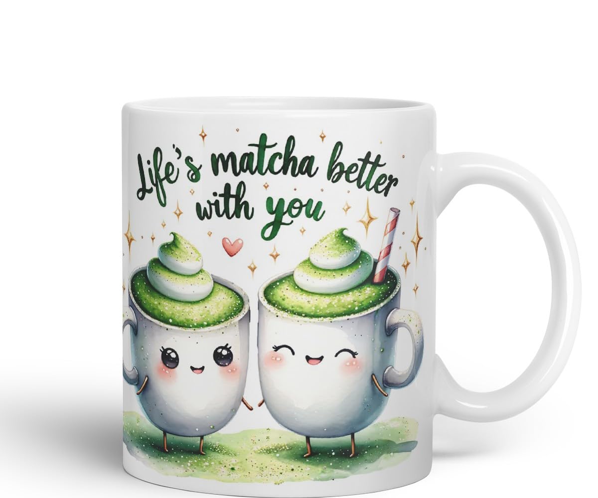 Vixar Life’s Matcha Better with You Coloured Ceramic Cup Mug – Cute Matcha Lovers Gift for Couple, Friends or Partner – 11oz (Black)