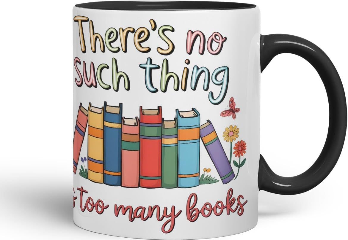 Vixar There's No Such Thing As Too Many Books (Pastel Version) Coloured Ceramic Mug Cup Gift, 11oz (Black)