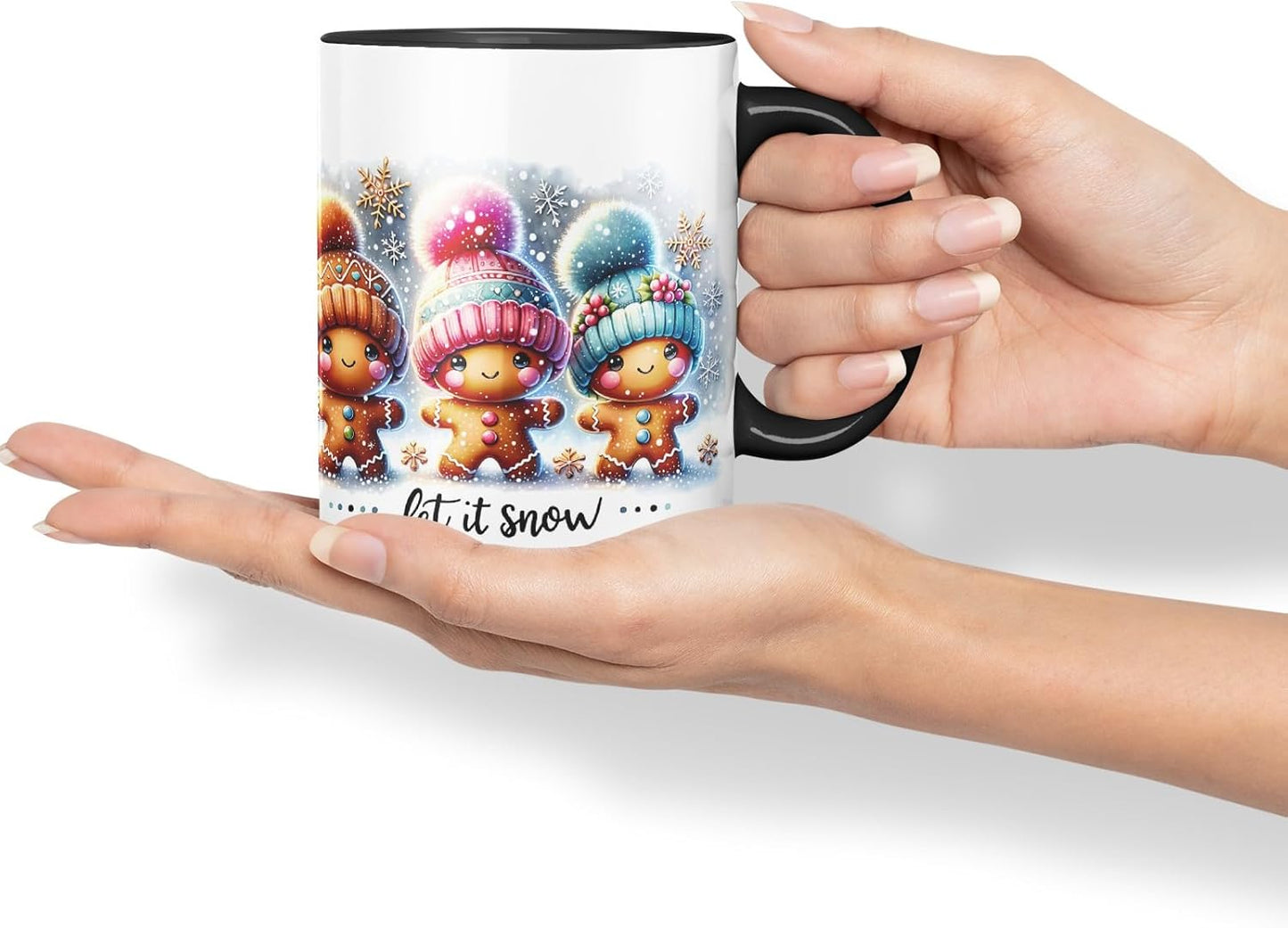 Vixar Let It Snow Cute Gingerbread Coloured Mug Cup Ceramic Christmas Winter Gift 11oz (Black)