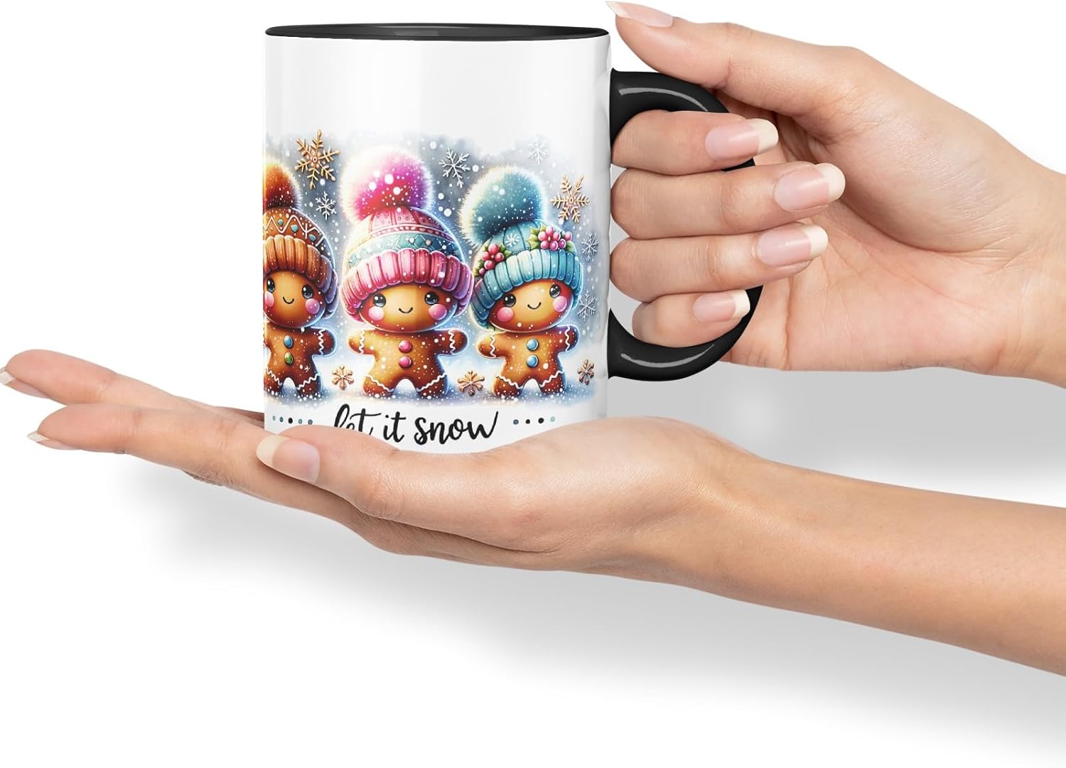 Vixar Let It Snow Cute Gingerbread Coloured Mug Cup Ceramic Christmas Winter Gift 11oz (Black)