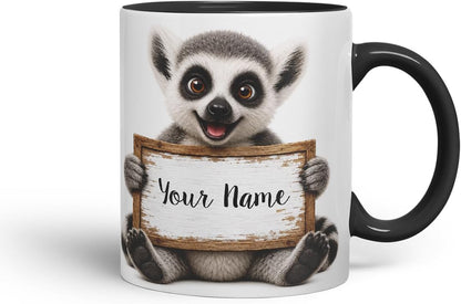 Vixar Personalised Lemur Mug with Name or Custom Message – Cute Animal Coloured Ceramic Mug Cup Gift, 11oz (Black)
