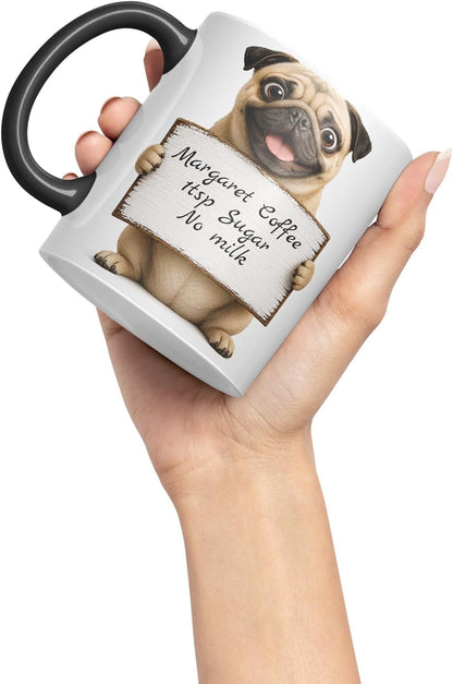 Vixar Personalised Pug Mug with Name or Custom Message – Cute Animal Coloured Ceramic Mug Cup Gift, 11oz (Black)