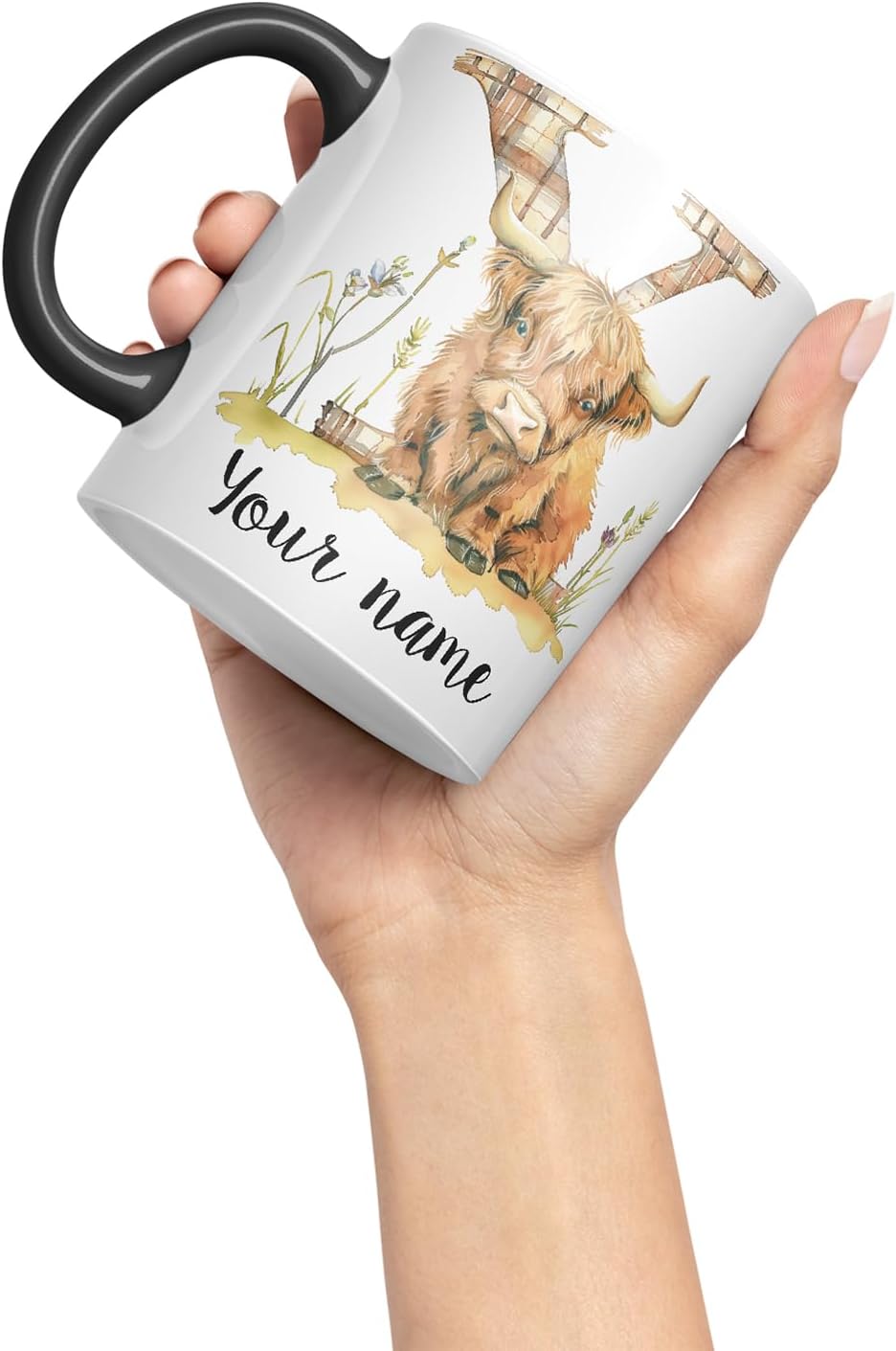 Vixar Personalised Highland Cow Initial Letter Y Custom Name Mug – Coloured Ceramic Mug Cup Gift, 11oz (Black)