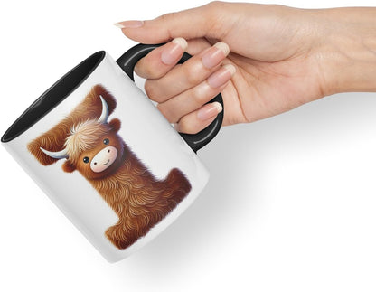 Highland Cow Alphabet Monogram Coloured Ceramic Cup Mug Letter I Rustic Farmhouse Animal Letter Gift V2 11oz (Black)