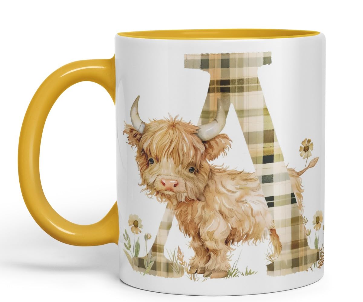 Vixar Highland Cow Alphabet Monogram Coloured Ceramic Cup Mug – Letter A – Rustic Farmhouse Animal Letter Gift – 11oz (Black)