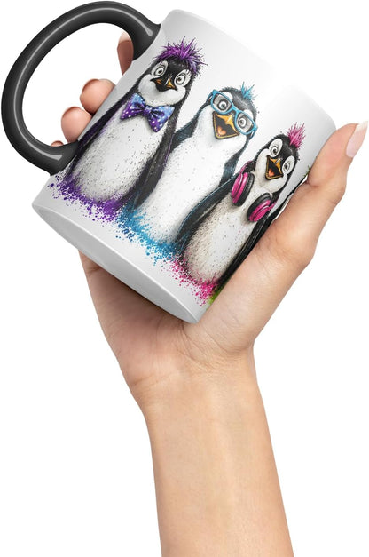 Penguin Mug – Cute Penguins Coloured Ceramic Mug Cup Gift, 11oz (Black)