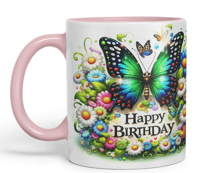 Vixar Happy Birthday Green Butterfly Daisies Coloured Ceramic Mug Cup Gift 11oz V8 (Black)