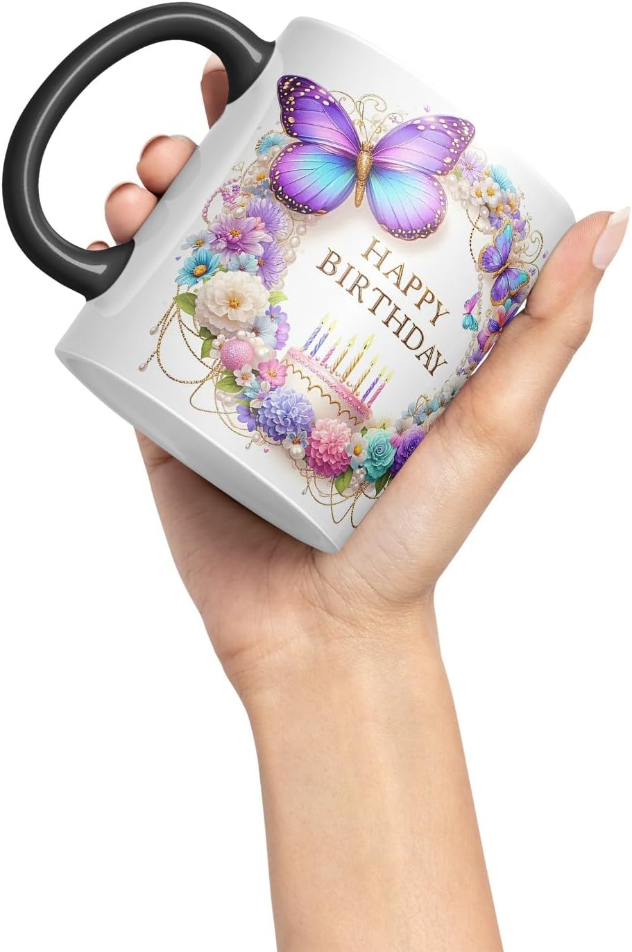 Vixar Happy Birthday Pastel Cake Florals Coloured Ceramic Mug Cup Gift 11oz V6 (Black)