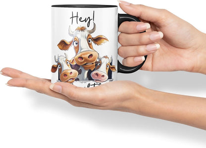 Vixar Hey! We Herd That Cow Joke Coloured Ceramic Mug Cup Gift, 11oz (Black)