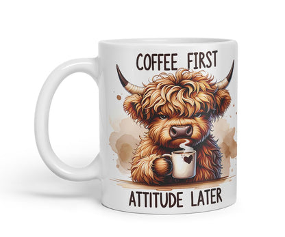 Vixar Coffee First Highland Cow Mug – Coloured Ceramic Mug Cup Gift, 11oz (Black)