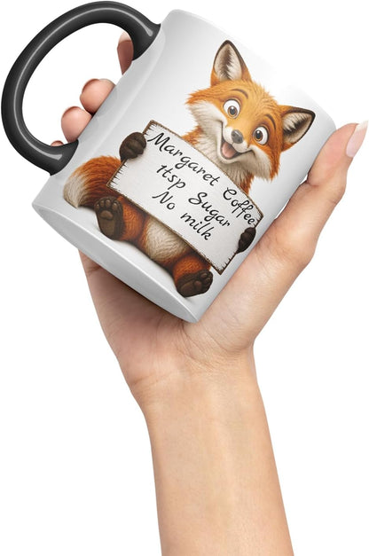 Vixar Personalised Fox Mug with Name or Custom Message – Cute Animal Coloured Ceramic Mug Cup Gift, 11oz (Black)