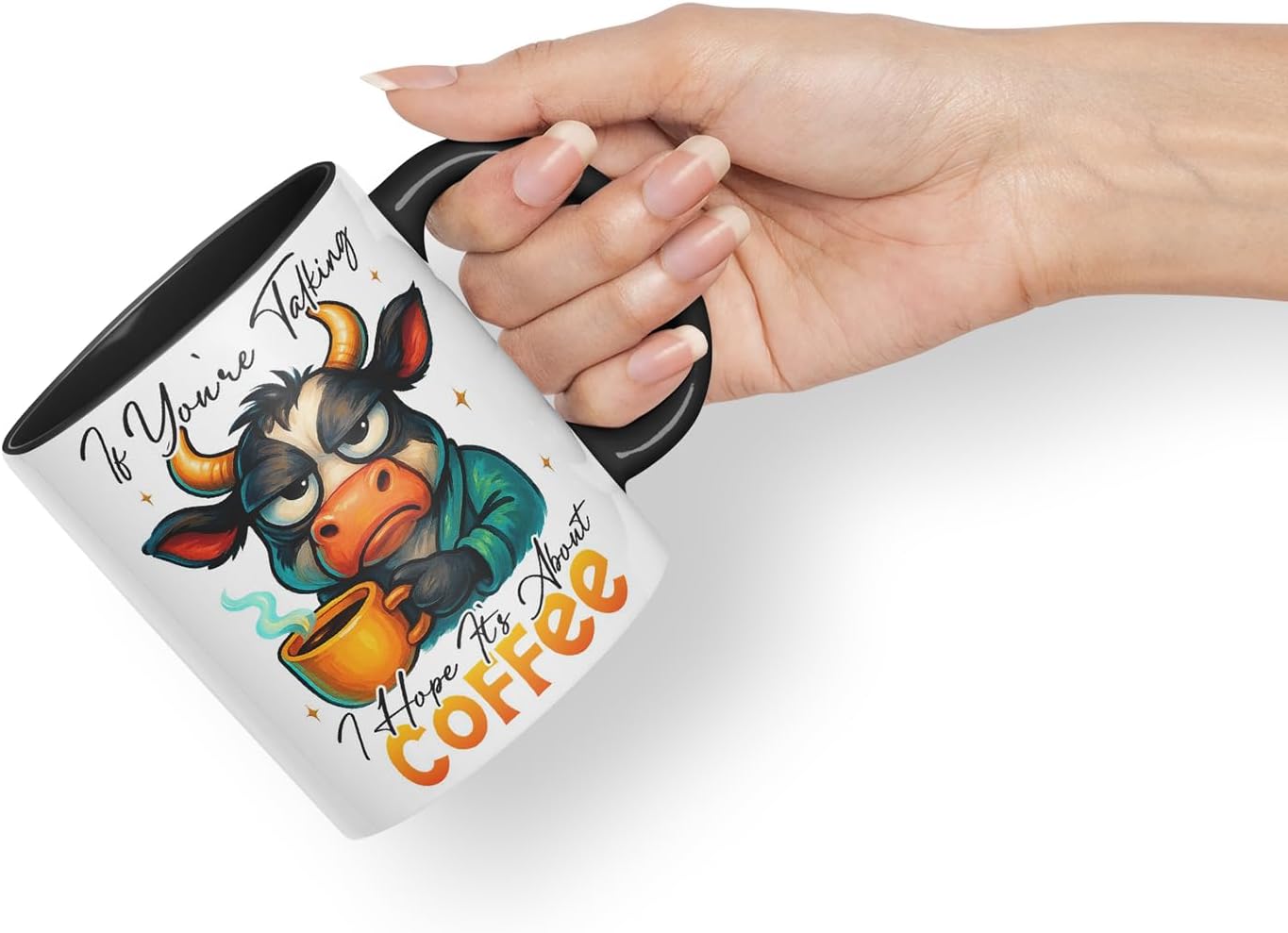 Vixar If You're Talking I Hope It's About Coffee Funny Cow Mug – Coloured Ceramic Mug Cup Gift, 11oz (Black)