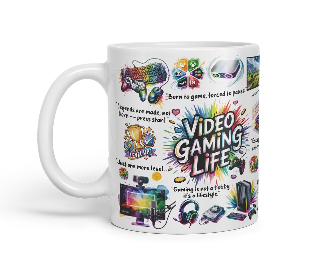 Video Gaming Life Mug – Coloured Ceramic Mug Cup Gift, 11oz (Black)