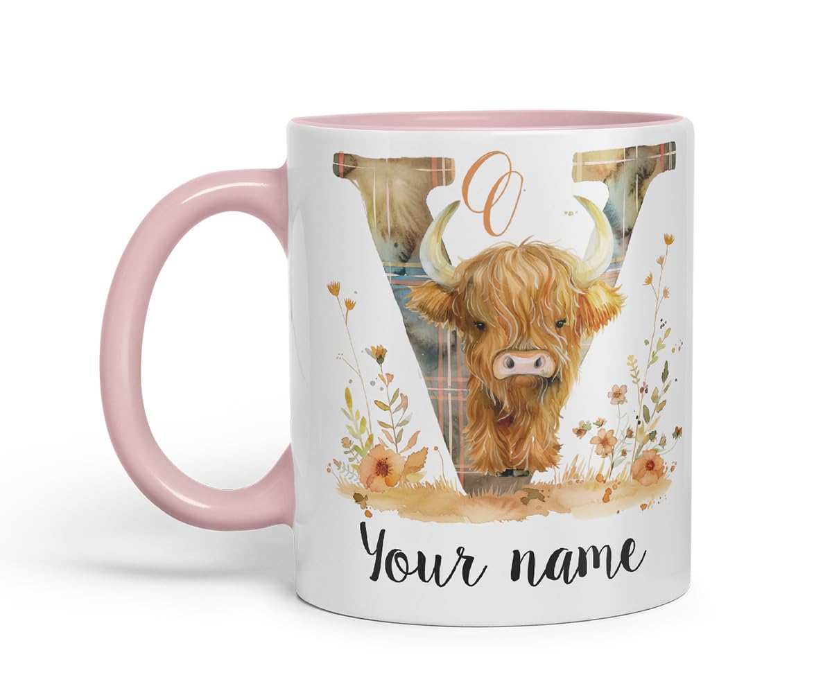 Vixar Personalised Highland Cow Initial Letter V Custom Name Mug – Coloured Ceramic Mug Cup Gift, 11oz (Black)