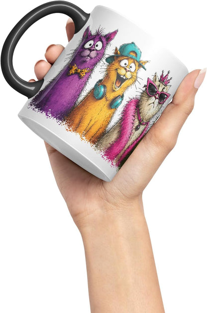 Vixar Crazy Cats Mug – Funny Cat Lover Coloured Ceramic Mug Cup Gift, 11oz (Black)
