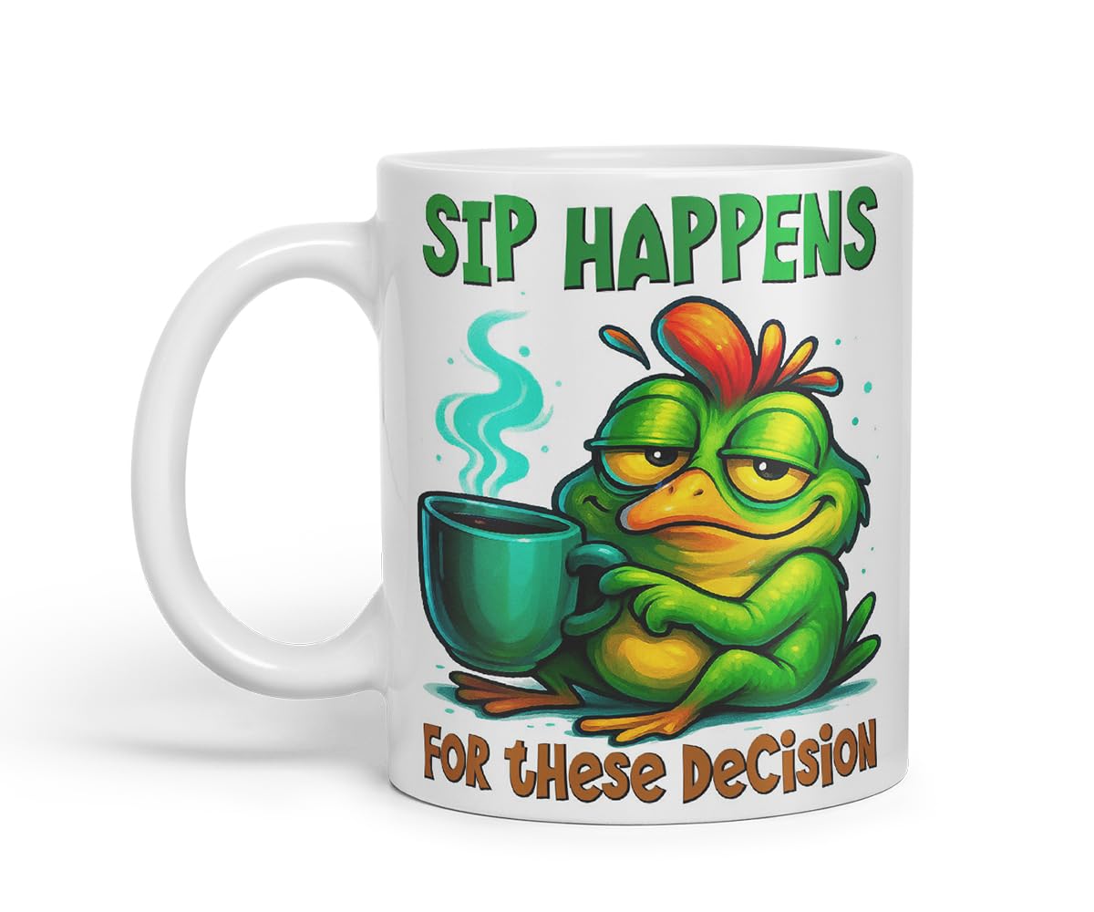 Vixar Sip Happens for These Decisions Funny Frog Coffee Mug – Coloured Ceramic Mug Cup Gift, 11oz (Black)