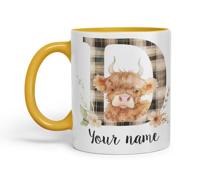 Vixar Personalised Highland Cow Initial Letter D Custom Name Mug – Coloured Ceramic Mug Cup Gift, 11oz (Black)
