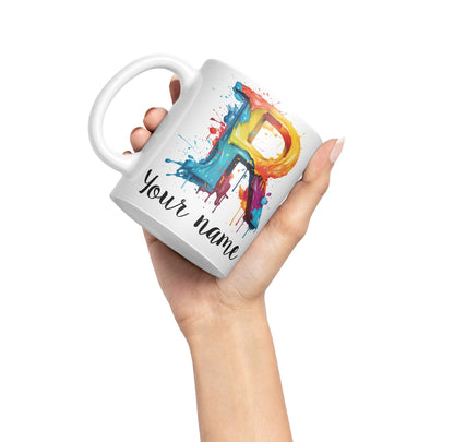 Personalised Letter R mug, Alphabet cusomized custom Letter R Monogram watercolour Ceramic Coloured Mug Cup for Tea Coffee Hot brew 330ml 11Oz Gift