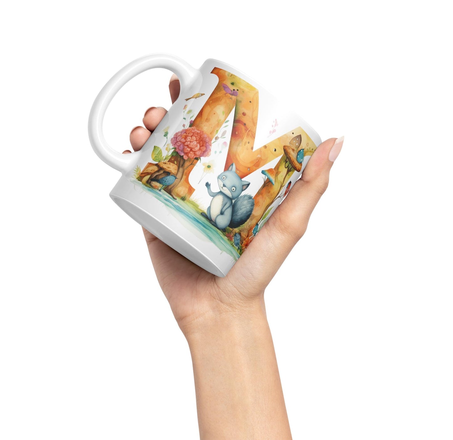Letter M mug, Animals Alphabet Letter M Monogram animal for kids Ceramic Coloured Mug Cup for Tea Coffee Hot brew 330ml 11Oz Gift