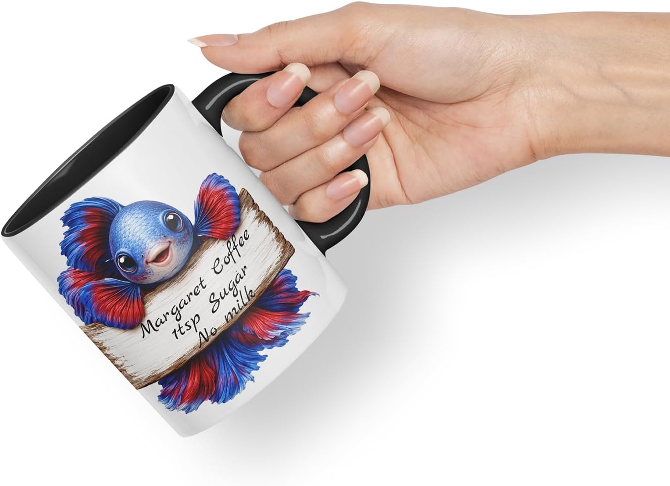 Vixar Personalised Betta Fish Mug with Name or Custom Message – Cute Animal Coloured Ceramic Mug Cup Gift, 11oz (Black)