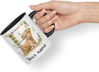 Vixar Personalised Highland Cow Initial Letter E Custom Name Mug – Coloured Ceramic Mug Cup Gift, 11oz (Black)