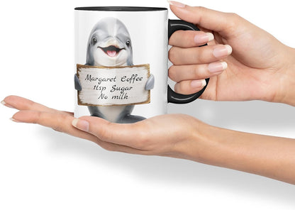 Vixar Personalised Dolphin Mug with Name or Custom Message – Cute Animal Coloured Ceramic Mug Cup Gift, 11oz (Black)
