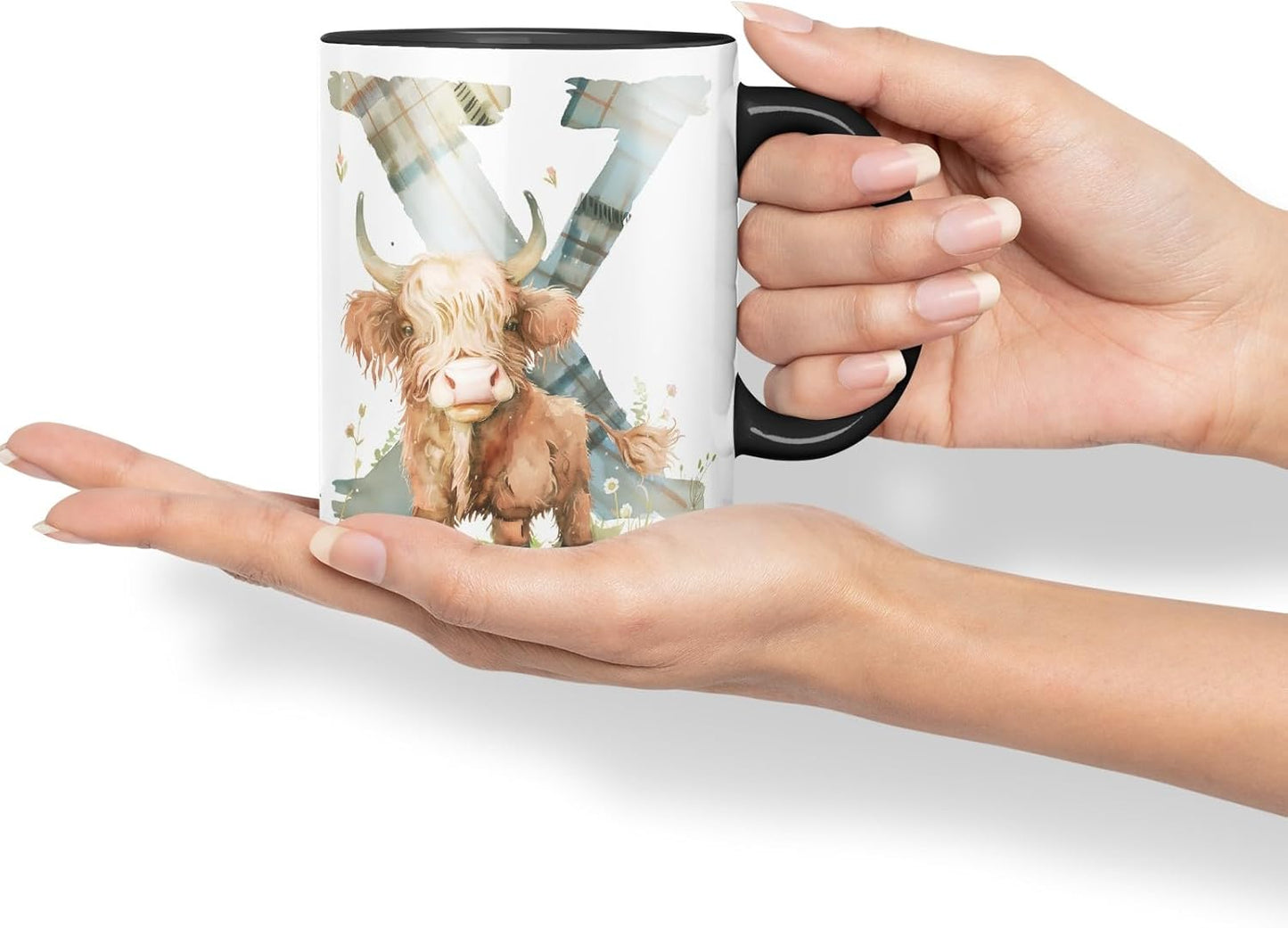 Vixar Highland Cow Alphabet Monogram Coloured Ceramic Cup Mug – Letter X – Rustic Farmhouse Animal Letter Gift – 11oz (Black)