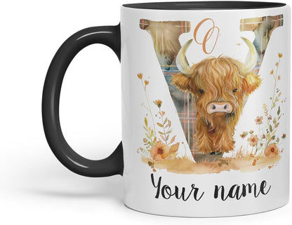 Vixar Personalised Highland Cow Initial Letter V Custom Name Mug – Coloured Ceramic Mug Cup Gift, 11oz (Black)