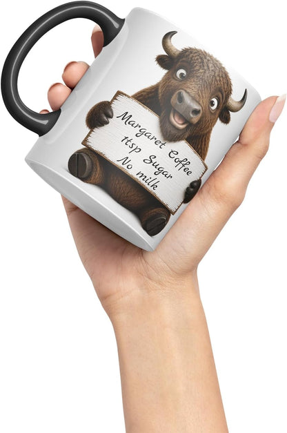 Vixar Personalised Bison Mug with Name or Custom Message – Cute Animal Coloured Ceramic Mug Cup Gift, 11oz (Black)