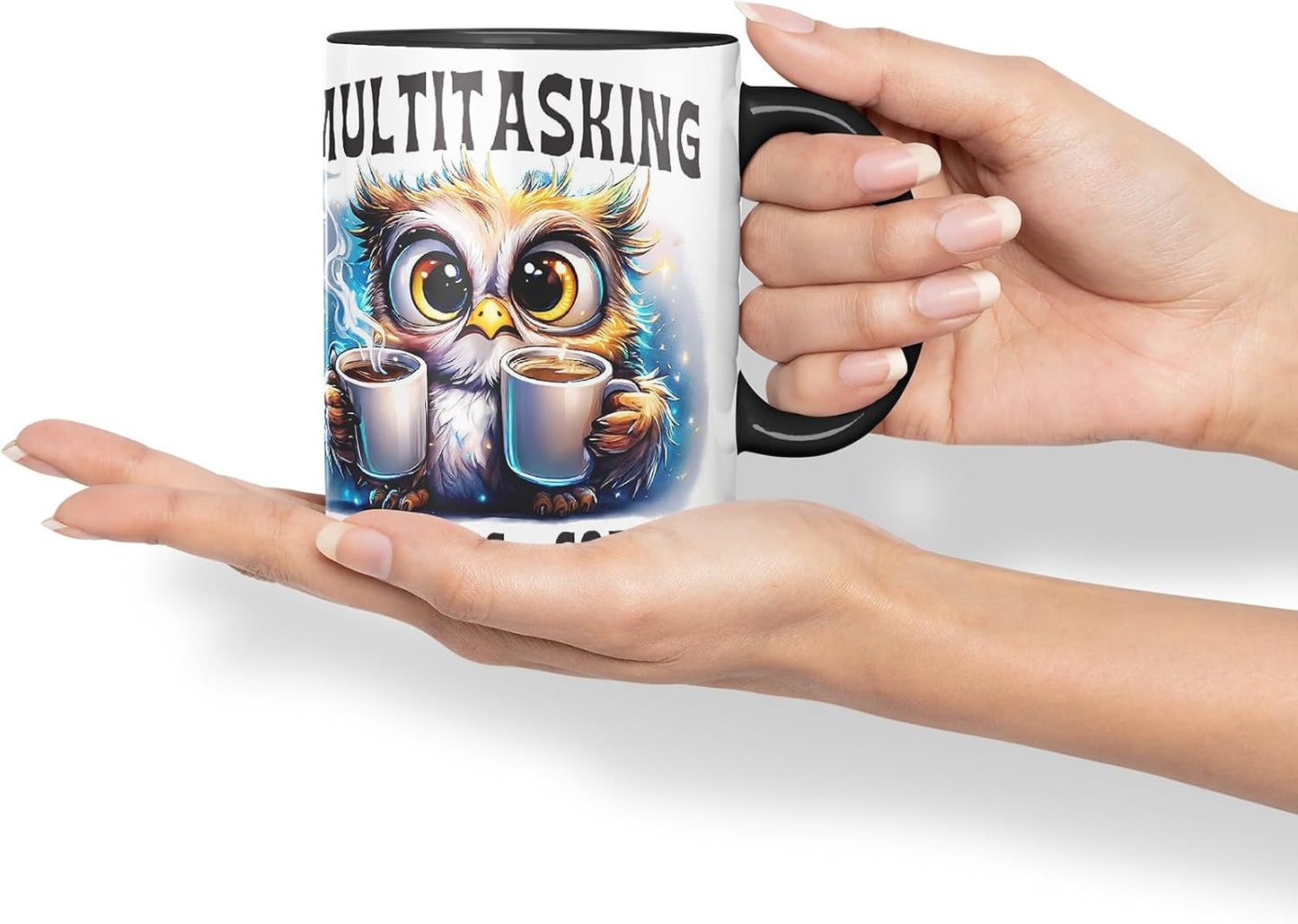 Vixar Multitasking AKA Panic Plus Coffee Funny Owl Mug – Coloured Ceramic Mug Cup Gift, 11oz (Black)