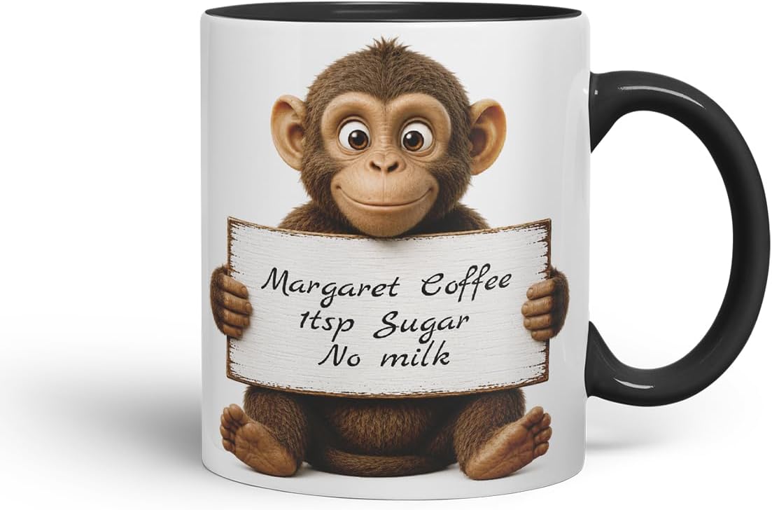 Vixar Personalised Monkey Mug with Name or Custom Message – Cute Animal Coloured Ceramic Mug Cup Gift, 11oz (Black)