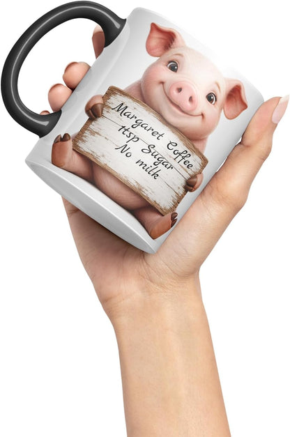 Vixar Personalised Pig Mug with Name or Custom Message – Cute Animal Coloured Ceramic Mug Cup Gift, 11oz (Black)