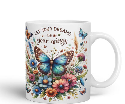 Vixar Let Your Dreams Be Your Wings Butterfly Coloured Mug Cup Floral Inspirational Gift 11oz (Black)
