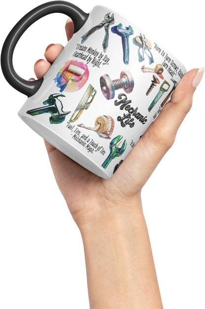 Vixar Mechanic Life Tools Mug – Coloured Ceramic Mug Cup Gift, 11oz (Black)