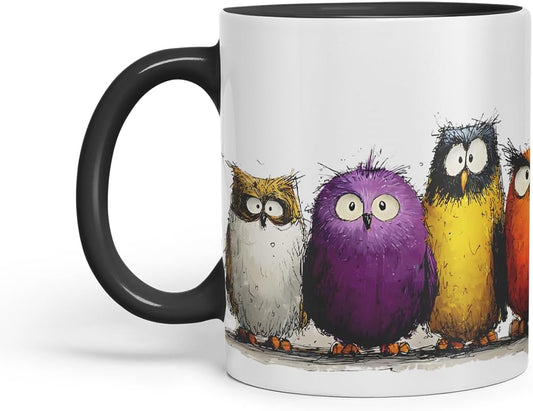 Vixar Funny Colourful Owl Friends Design – Cute Bird Character Mug for Animals Lovers, Coloured Mug Cup Gift, 11oz (Black)