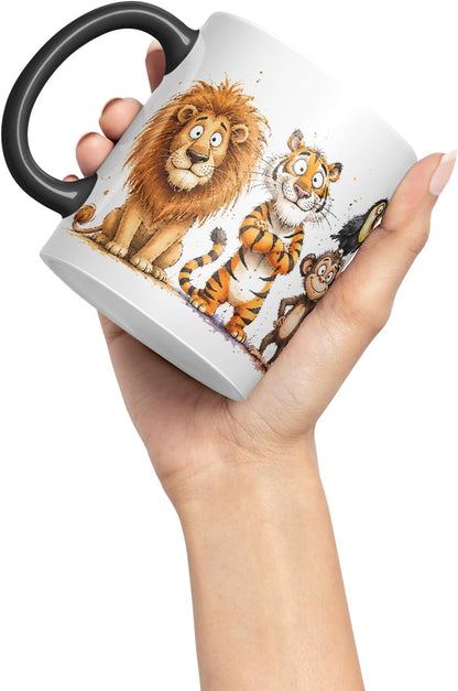 Vixar Cute Safari Animals Mug – Cute Safari Animals Coloured Ceramic Mug Cup Gift, 11oz (Black)