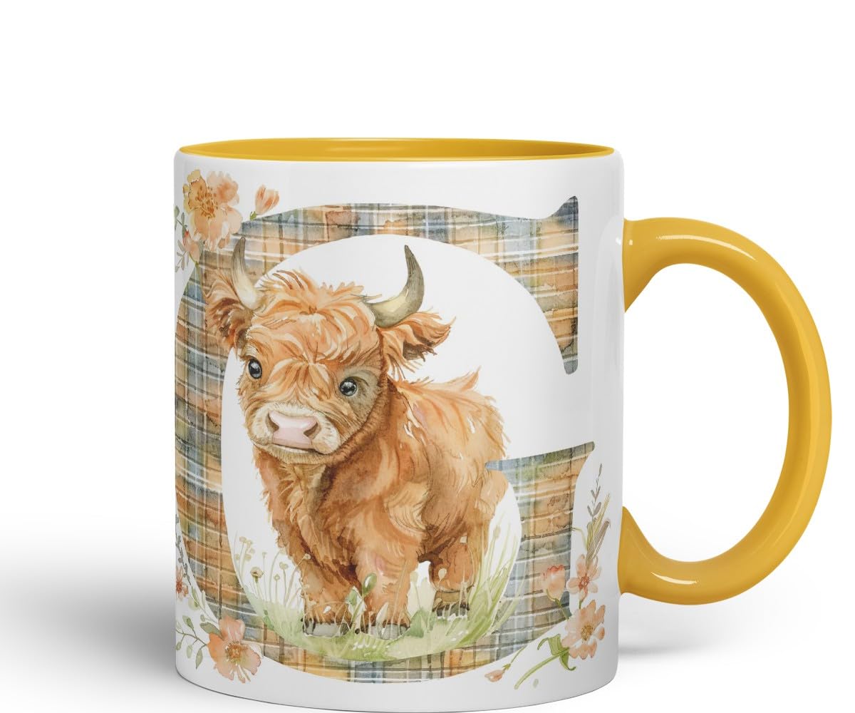 Vixar Highland Cow Alphabet Monogram Coloured Ceramic Cup Mug – Letter G – Rustic Farmhouse Animal Letter Gift – 11oz (Black)