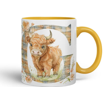 Vixar Highland Cow Alphabet Monogram Coloured Ceramic Cup Mug – Letter G – Rustic Farmhouse Animal Letter Gift – 11oz (Black)
