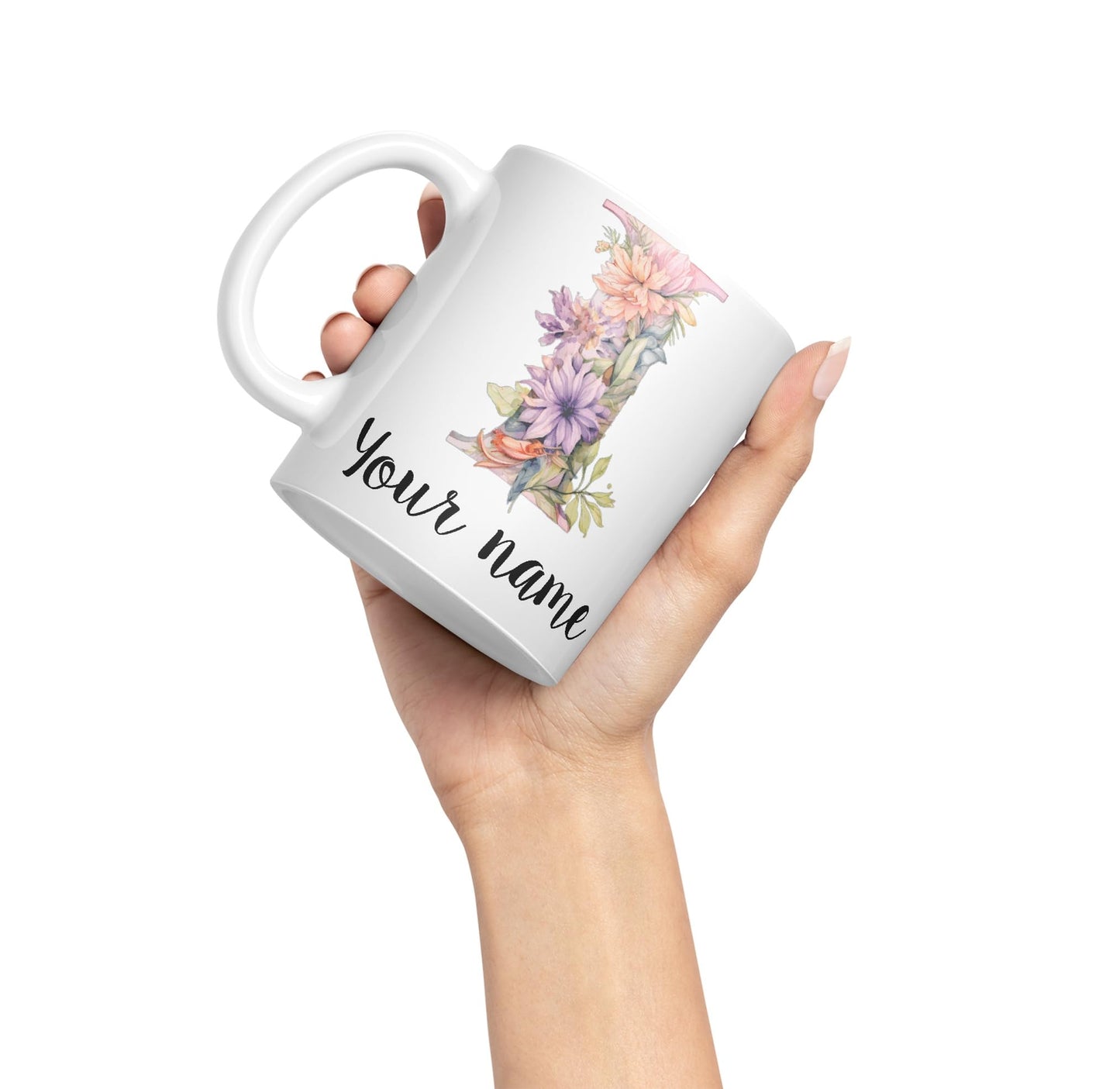 Personalised Letter I mug, Customized Custom Floral flowers butterfly Alphabet Letter I Monogram watercolour Ceramic Coloured Mug Cup for Tea Coffee Hot brew 330ml 11Oz Gift