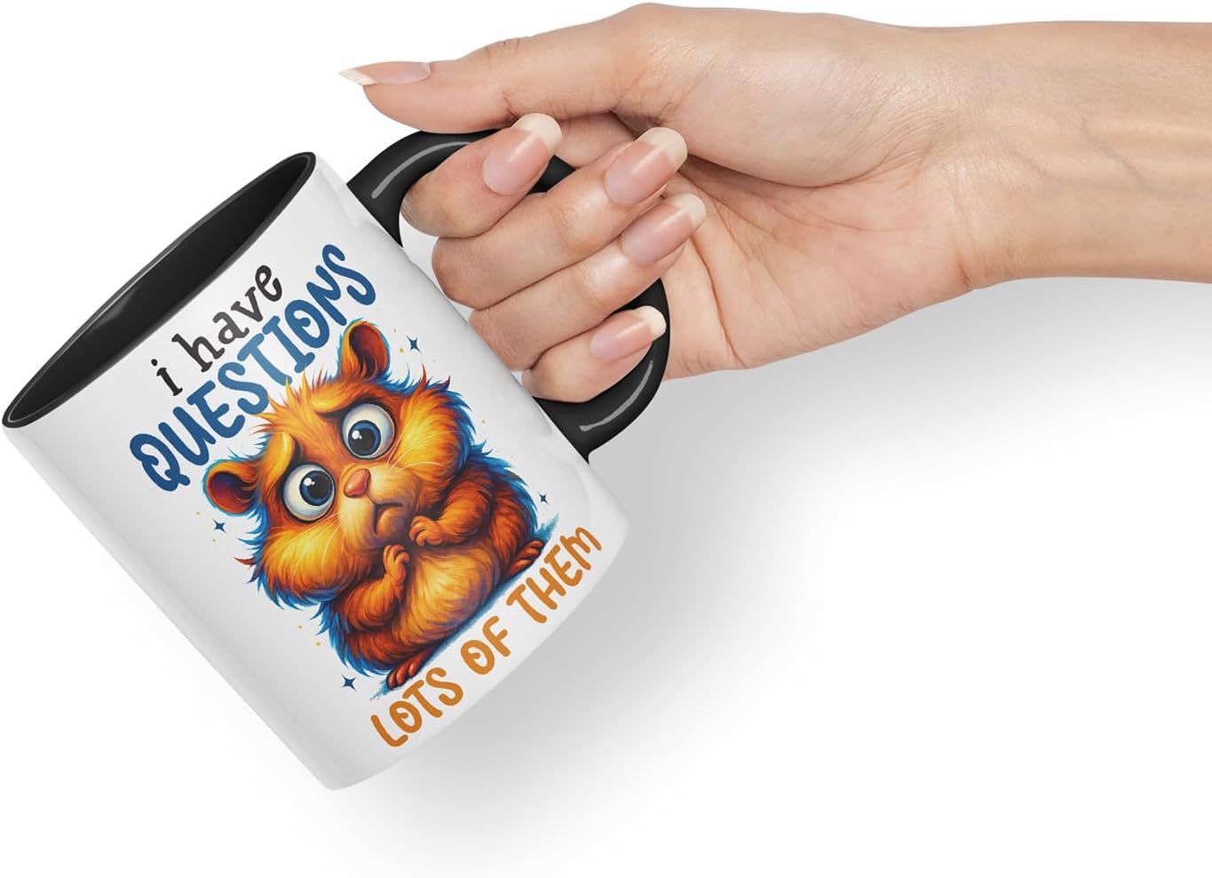Vixar I Have Questions Lots of Them Funny Hamster Mug – Coloured Ceramic Mug Cup Gift, 11oz (Black)
