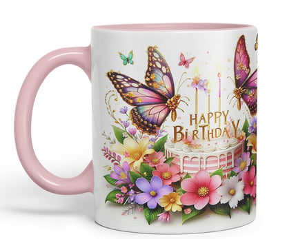 Vixar Happy Birthday Pink Cake Butterflies Coloured Ceramic Mug Cup Gift 11oz V10 (Black)