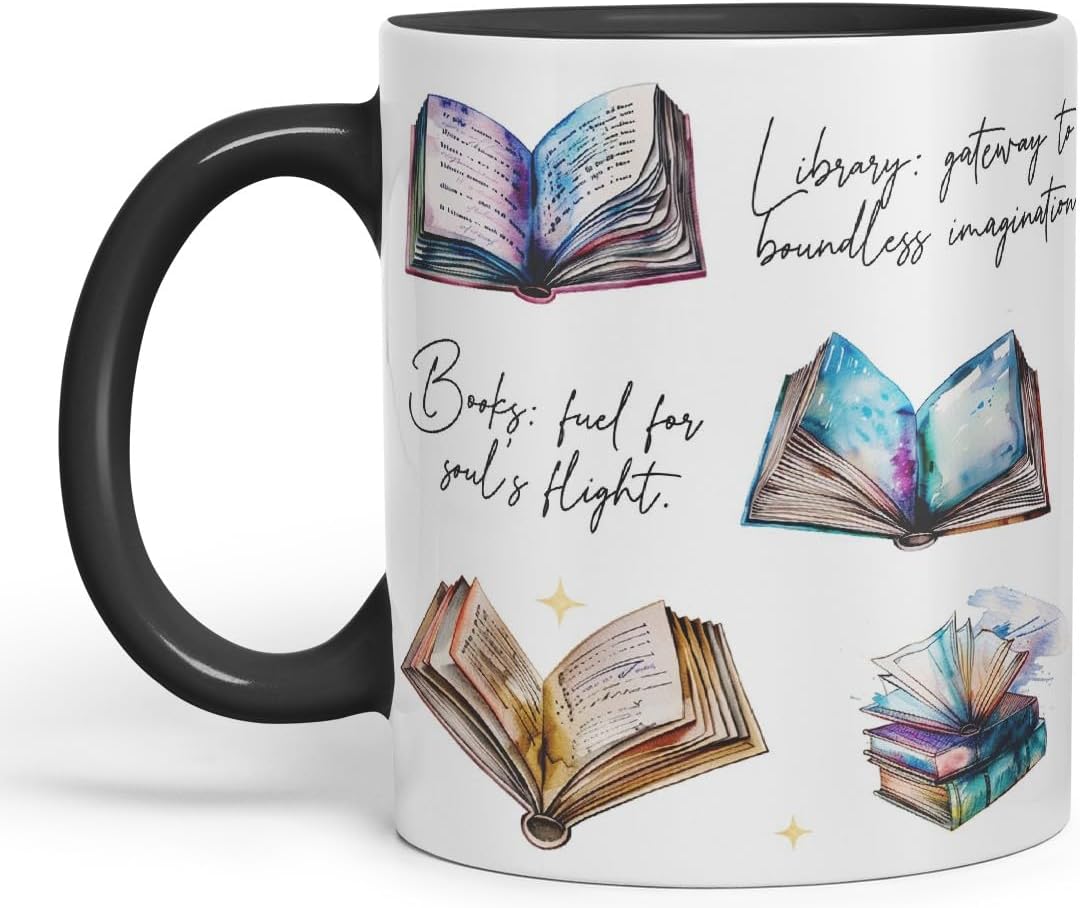 Vixar Books: Fuel for Soul’s Flight/Library: Gateway to Boundless Imagination Coloured Ceramic Mug Cup Gift, 11oz (Black)