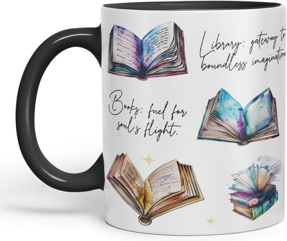 Vixar Books: Fuel for Soul’s Flight/Library: Gateway to Boundless Imagination Coloured Ceramic Mug Cup Gift, 11oz (Black)