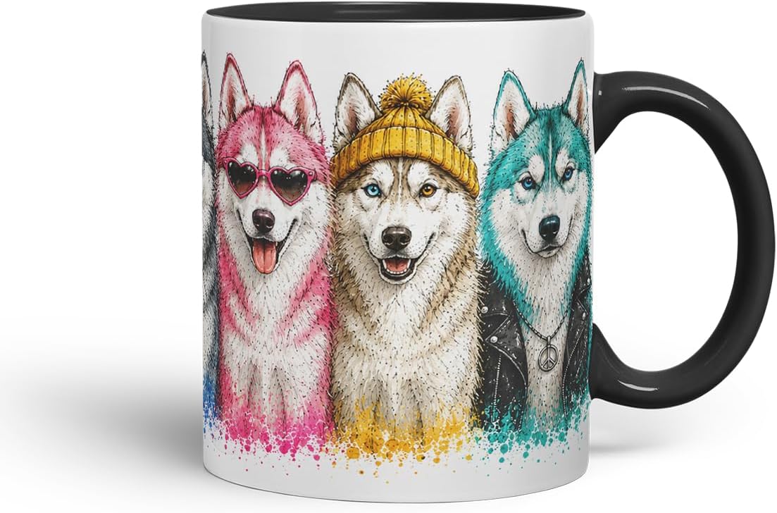 Huskies Mug – Cute Husky Dogs Coloured Ceramic Mug Cup Gift, 11oz (Black)