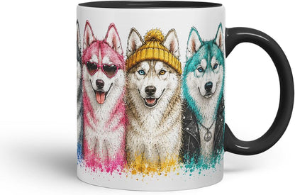 Huskies Mug – Cute Husky Dogs Coloured Ceramic Mug Cup Gift, 11oz (Black)