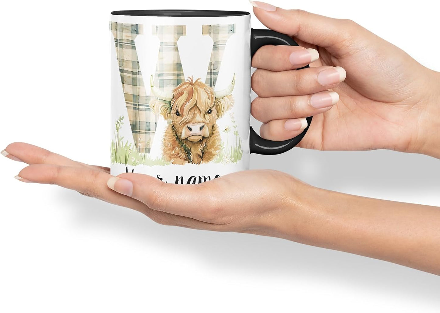 Vixar Personalised Highland Cow Initial Letter W Custom Name Mug – Coloured Ceramic Mug Cup Gift, 11oz (Black)