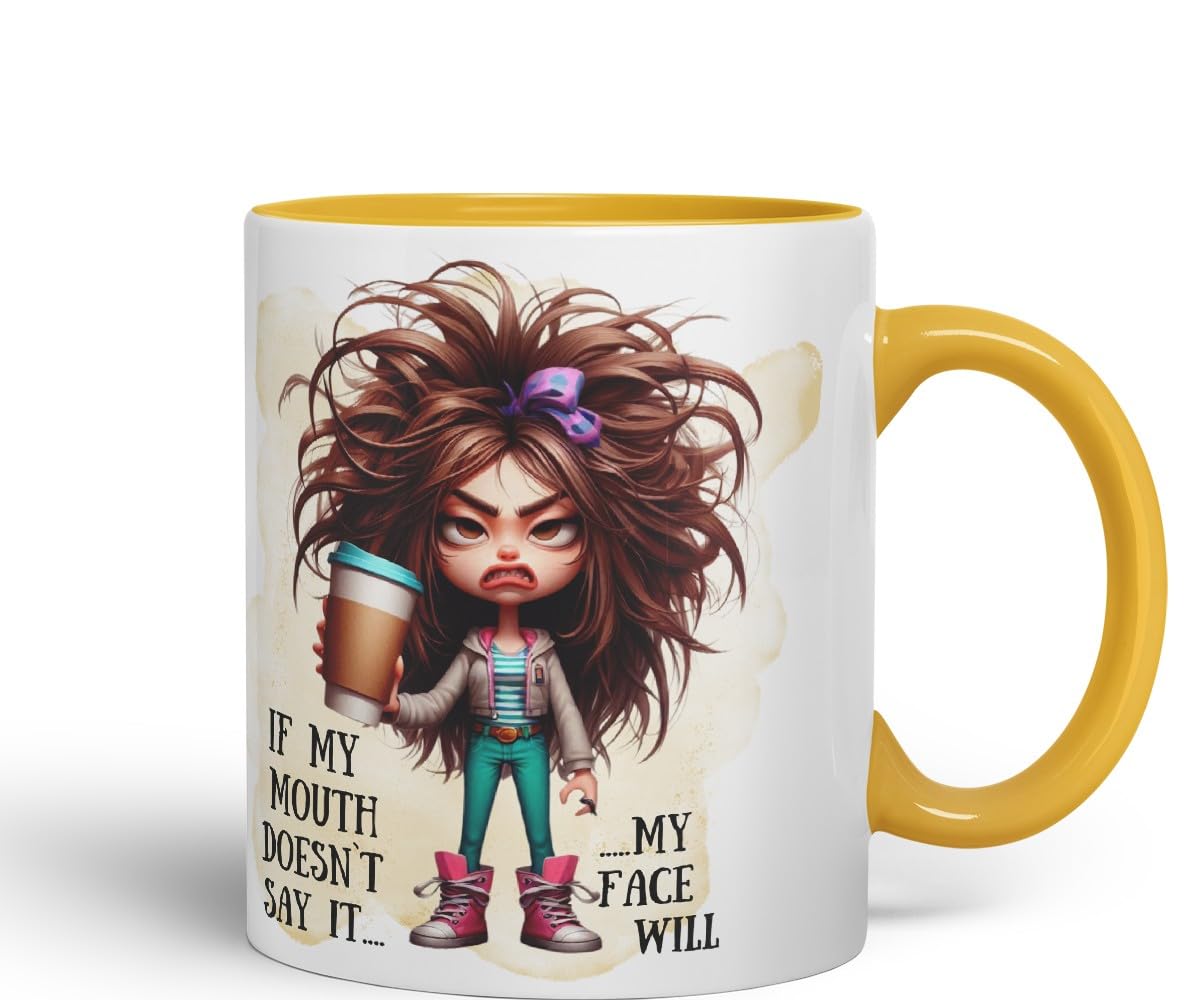 Grumpy Woman Funny Mug – If My Mouth Doesn’t Say It My Face Will – Coloured Ceramic Mug Cup Gift, 11oz (Black)