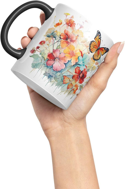 Vixar Ceramic Mug “Flowers & Butterfly” – Coloured Coffee & Tea Mug Cup 11oz 330ml (Black)