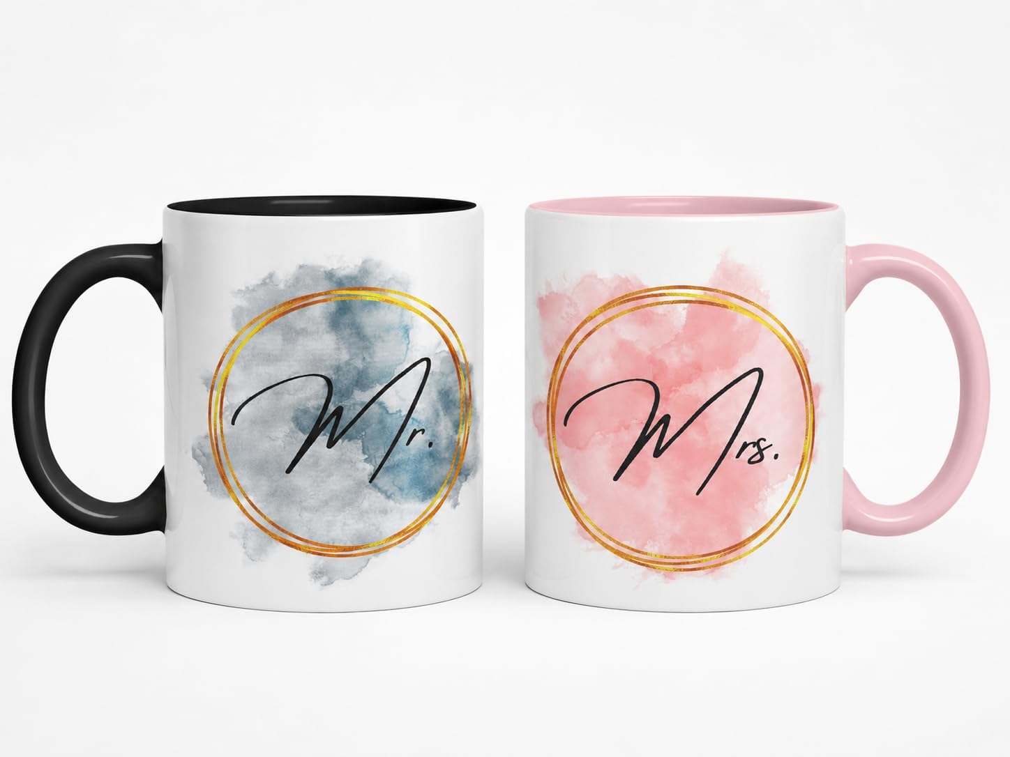 Vixar Mr and Mrs Watercolour Wedding Couple Mugs – Coloured Ceramic Mugs Cups Gift, 11oz, Set of 2