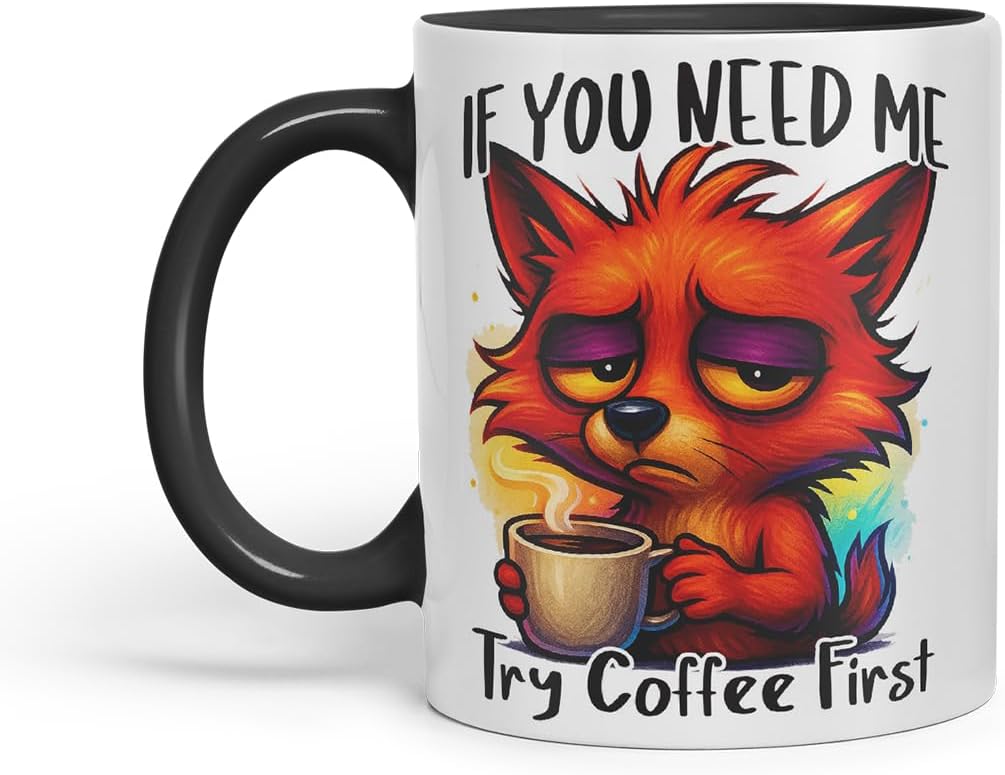 Vixar If You Need Me Try Coffee First Funny Fox Mug – Coloured Ceramic Mug Cup Gift, 11oz (Black)